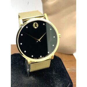 Movado Men's Watch 0607512 Diamond Black Dial Swiss Quartz Gold Steel 40mm Mesh